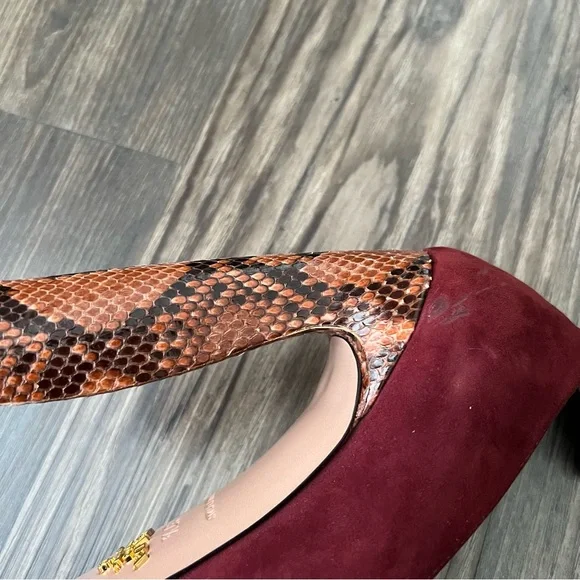 Prada NEW Authentic Burgundy Suede Platform Block Heels with Snakeskin Detail - Picture 9 of 14